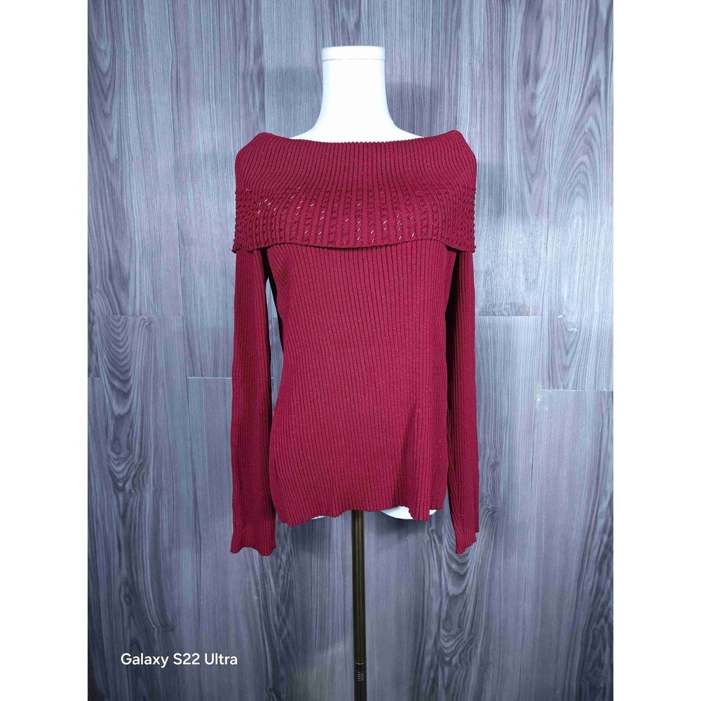 A‎ La Carte Red Ribbed Golden Thread Long Sleeve Off The Shoulder Sweater XL